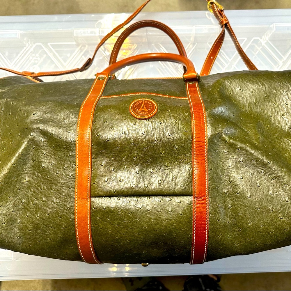 Vintage La Tour Eiffel Signature Green Ostrich Travel Luggage Overnight Bag